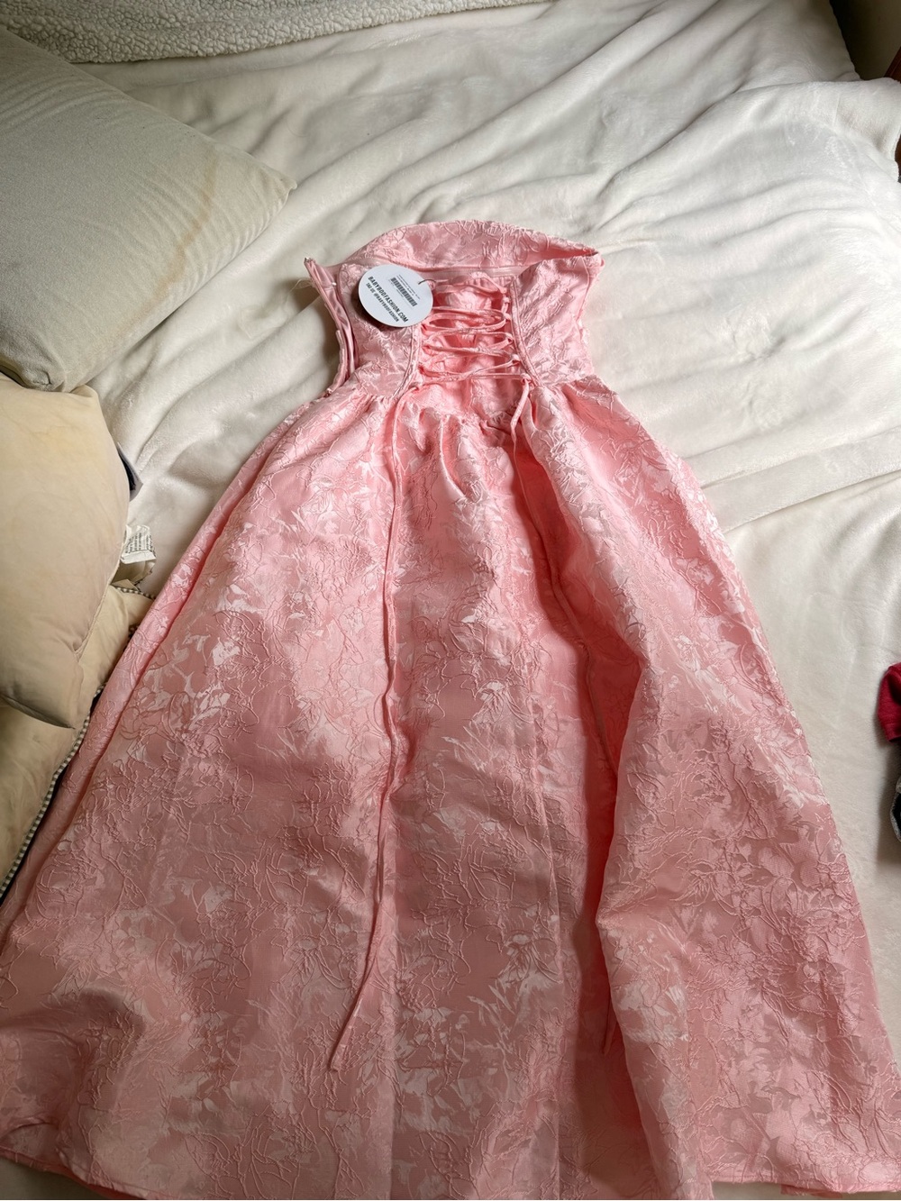 Brand new Strapless Pink Floral Brocade Wedding guest Dress with Lace-Up Back - Picture 2 of 8